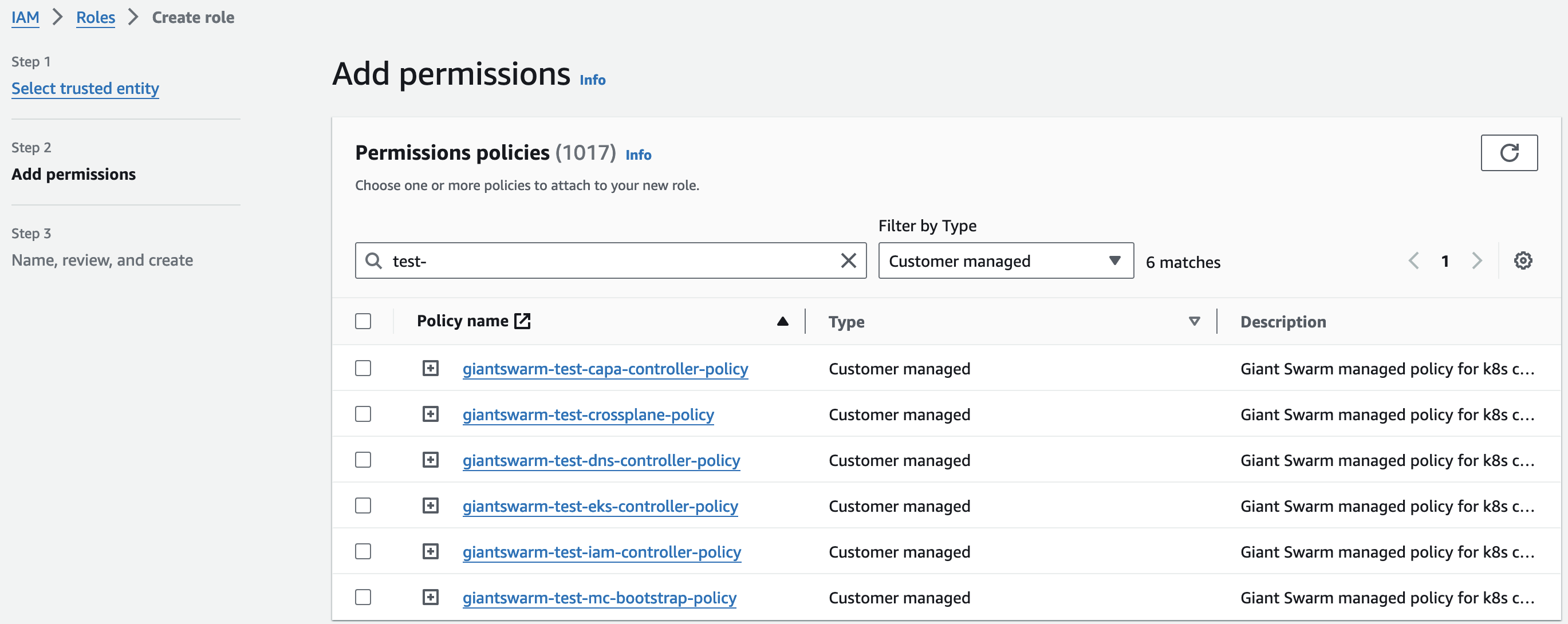 AWS IAM console: Attach policies