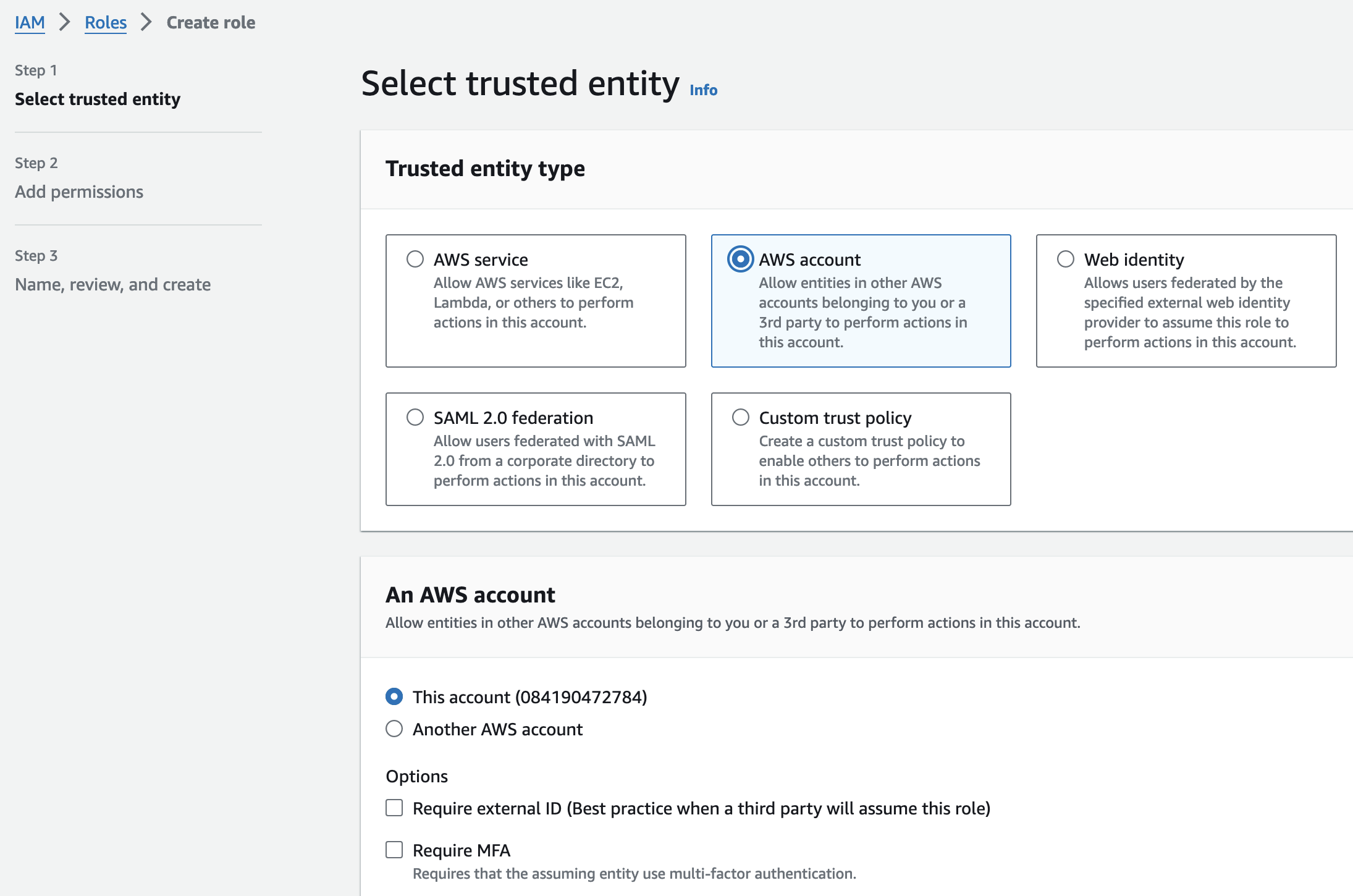 AWS IAM console: Create role