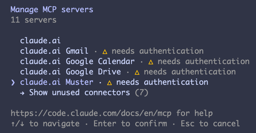 Claude Code&rsquo;s /mcp view showing MCP servers that need authentication